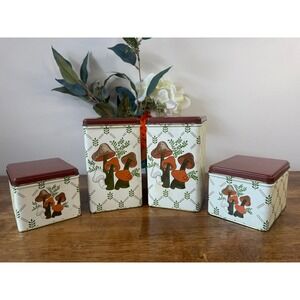 Vintage J L Clark Mushroom Canister Set Metal Kitchen Tins Cottagecore Decor MCM